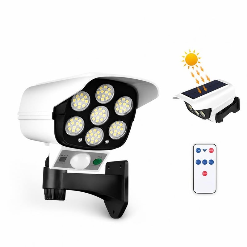 Foco solar tipo cámara junto a su panel solar y control remoto