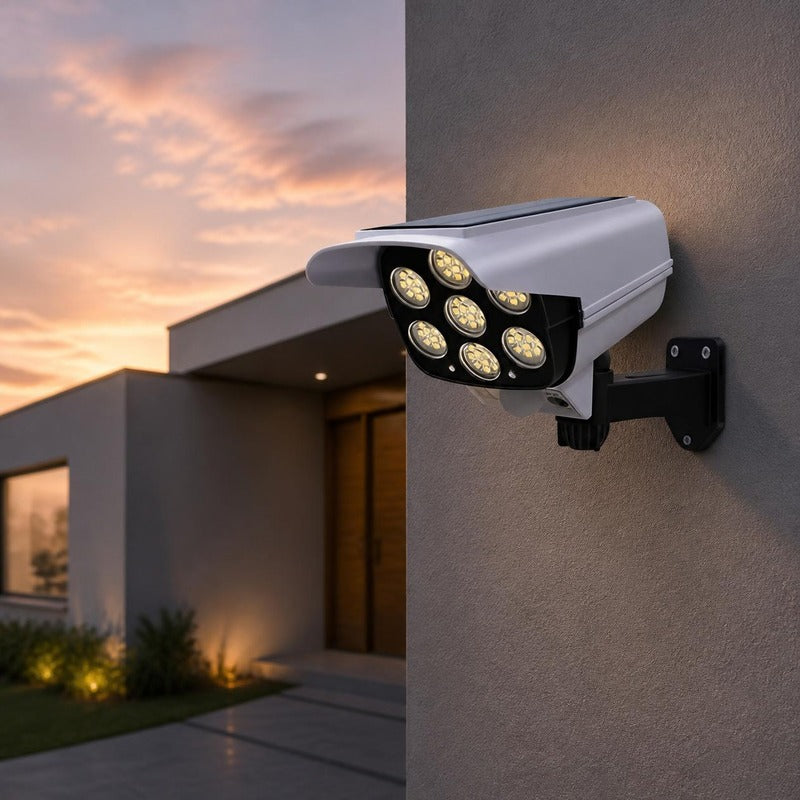 Foco solar tipo cámara montado en una pared exterior al atardecer
