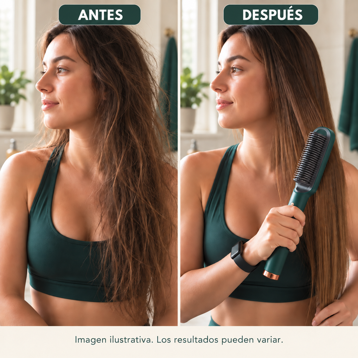 Comparación ilustrativa de cabello con frizz y liso usando el cepillo. Los resultados pueden variar.
