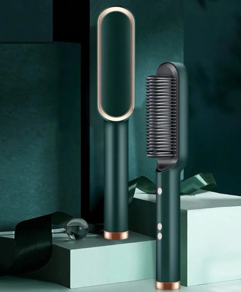 Cepillo eléctrico verde anti frizz: vistas frontal y posterior