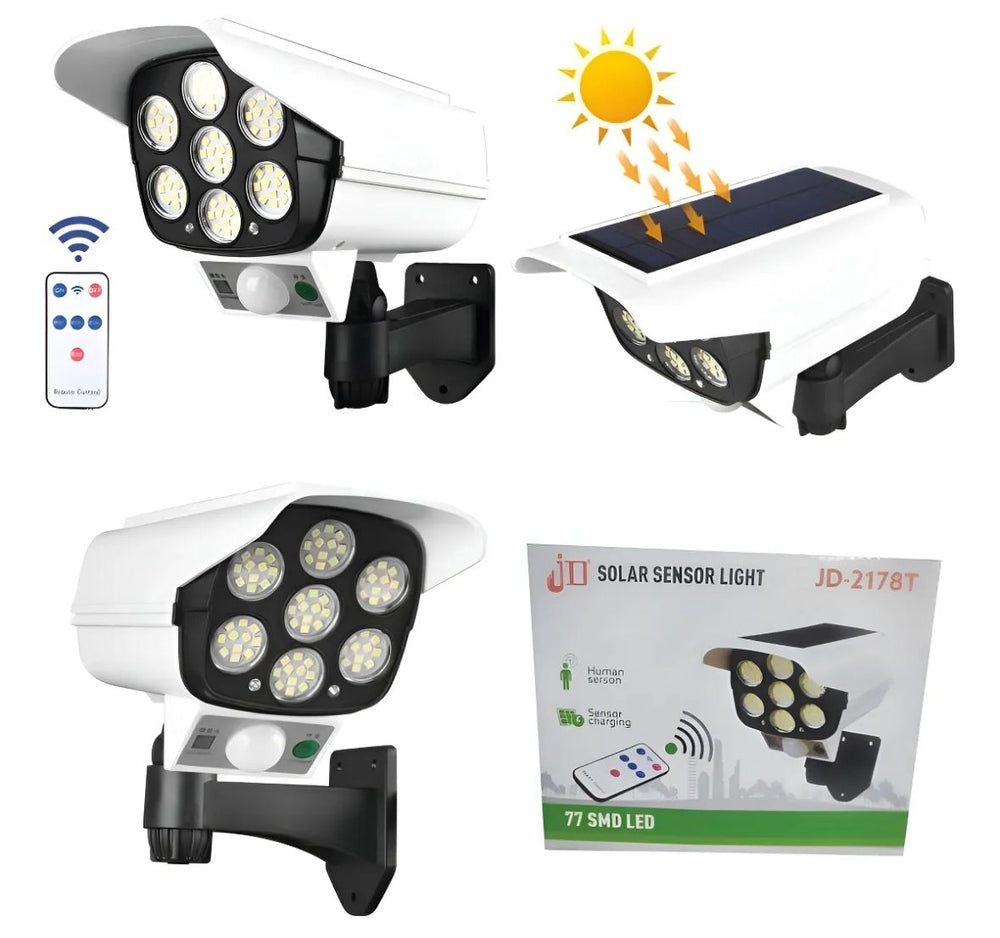 Foco solar tipo cámara con panel solar y control remoto, distintas vistas